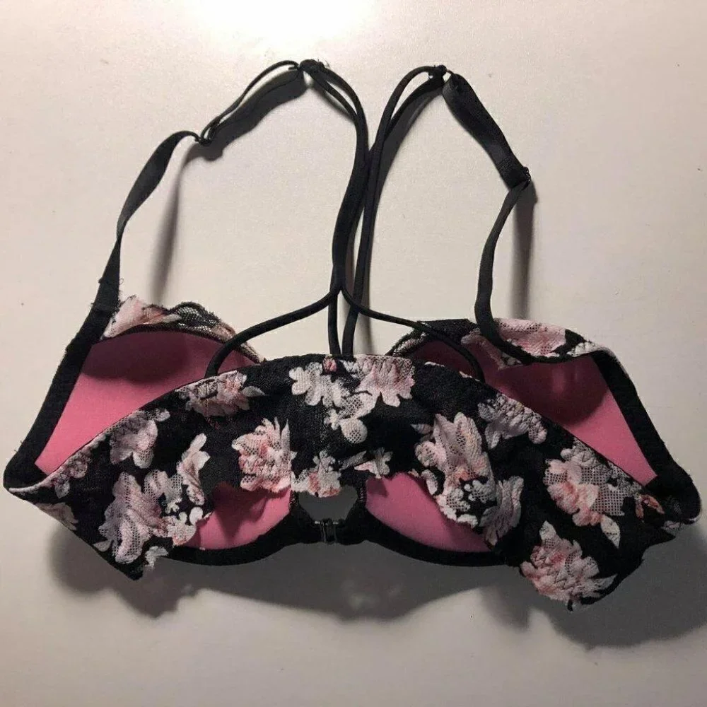 #3462-5 Victoria Secret Pink Pink Black Floral Front Closure Push Up Bra 34B